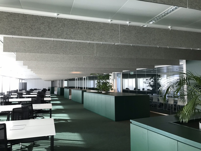 Baffles de plafond gris au-dessus d'un bureau ouvert avec mobilier vert