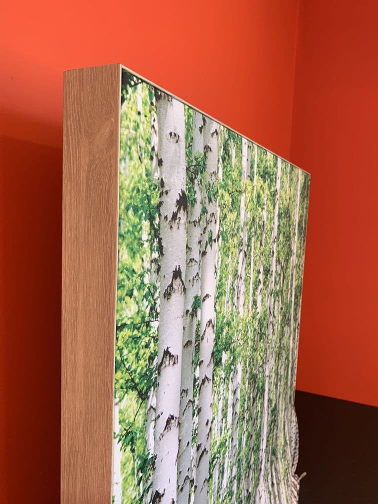 Détail d'un cadre RT acoustique avec bouleau et encadrement bois