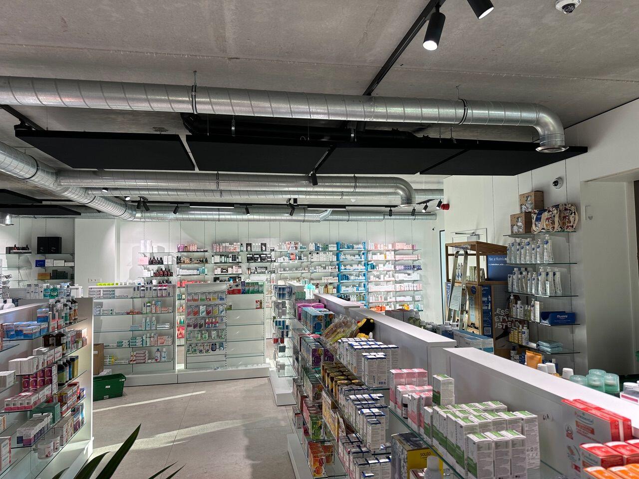 Îlots de plafond acoustiques noirs dans une pharmacie avec plafond en béton