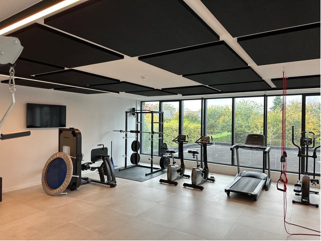 Îlots de plafond acoustiques noirs au-dessus d'appareils cardio dans une salle de revalidation