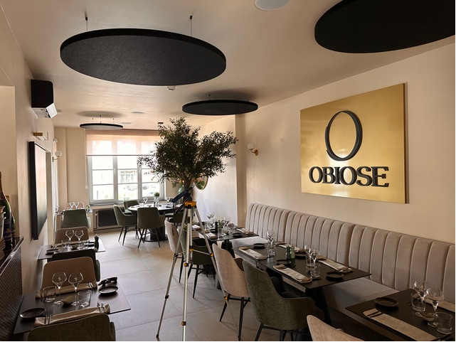 Îlots de plafond acoustiques ronds noirs dans le restaurant Obiose