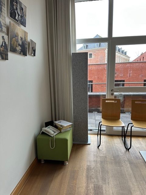 Totem acoustique gris devant une grande fenêtre en salle de réunion